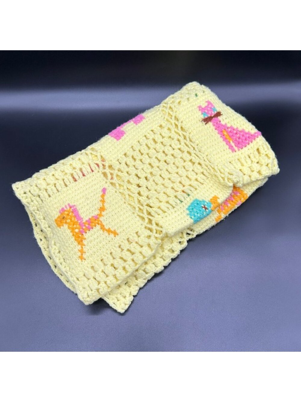 Vintage Handmade Crocheted Baby Blanket Yellow Pink Blue Animal Pastel Unisex